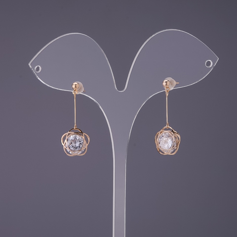 Earrings "Itayolao" Flower with a crystal, diameter 12mm, length 33mm, color gold