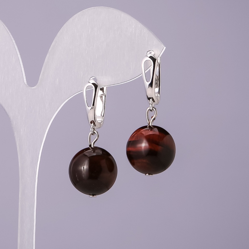 Bull's Eye natural stone earrings, 14 mm diameter, 18 mm length