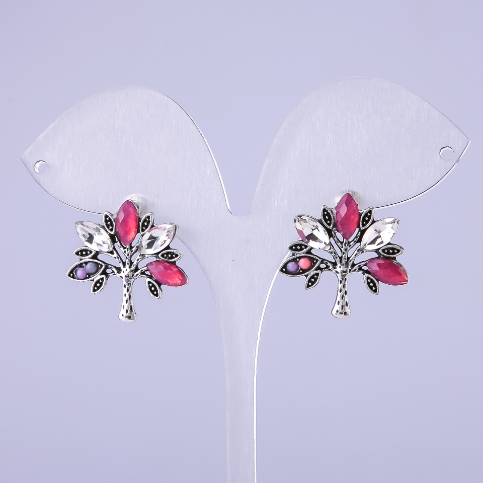 Tree Earrings with Red Crystals 22x22 mm