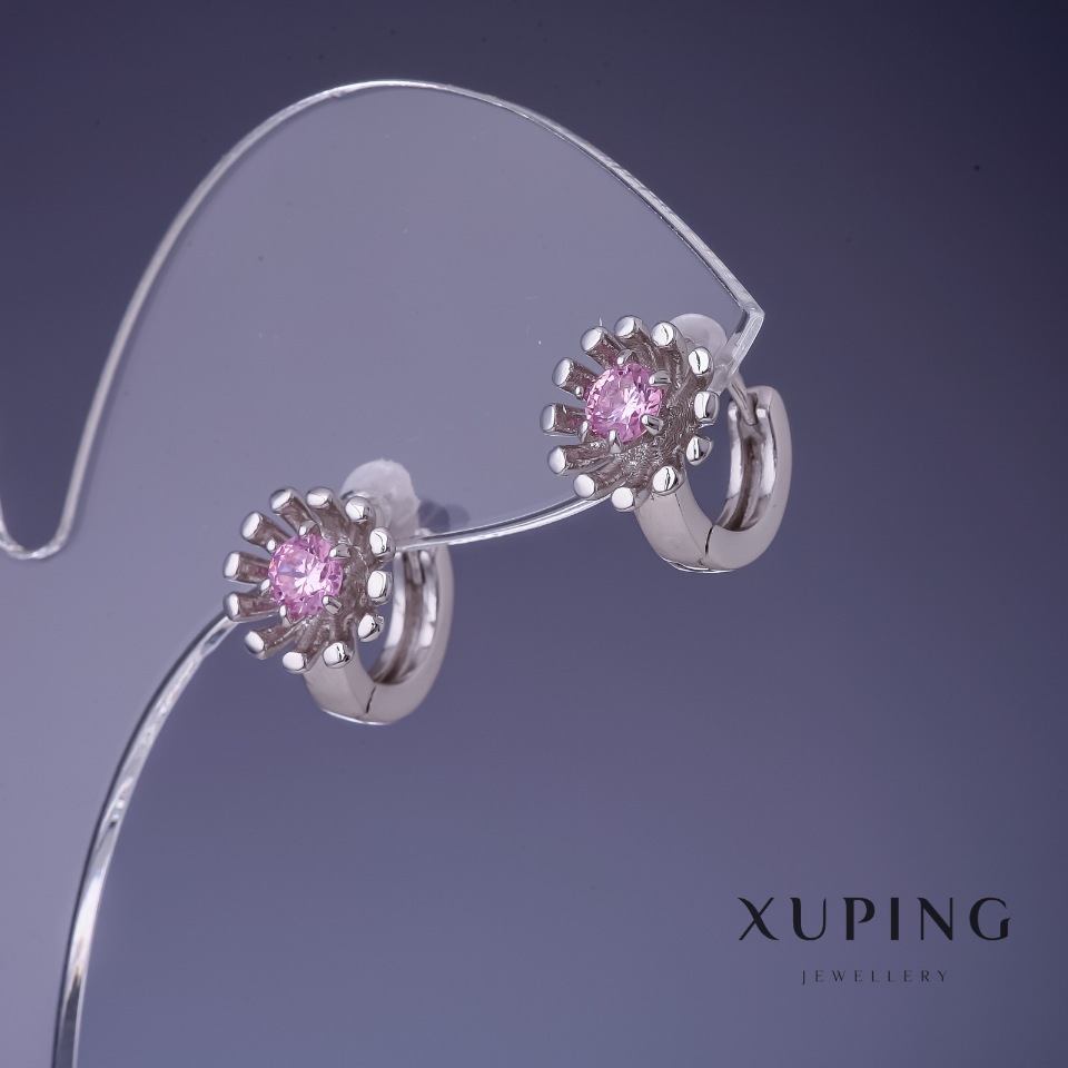 Earrings Xuping Flower with Pink Inlays 11x10mm Rhodium