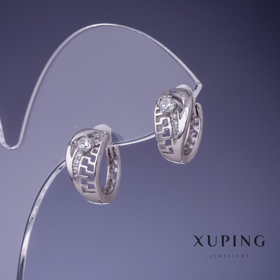 Xuping Earrings with Greek Pattern, 7x14 mm, rhodium-plated with white crystals