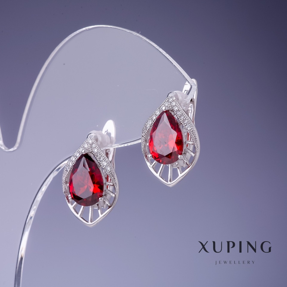 Xuping Earrings with Red Crystals, Rhodium-Plated, 17x12 mm