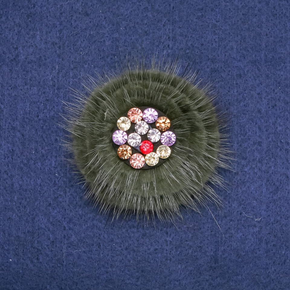 Green mink fur brooch with crystals, 60 mm diameter