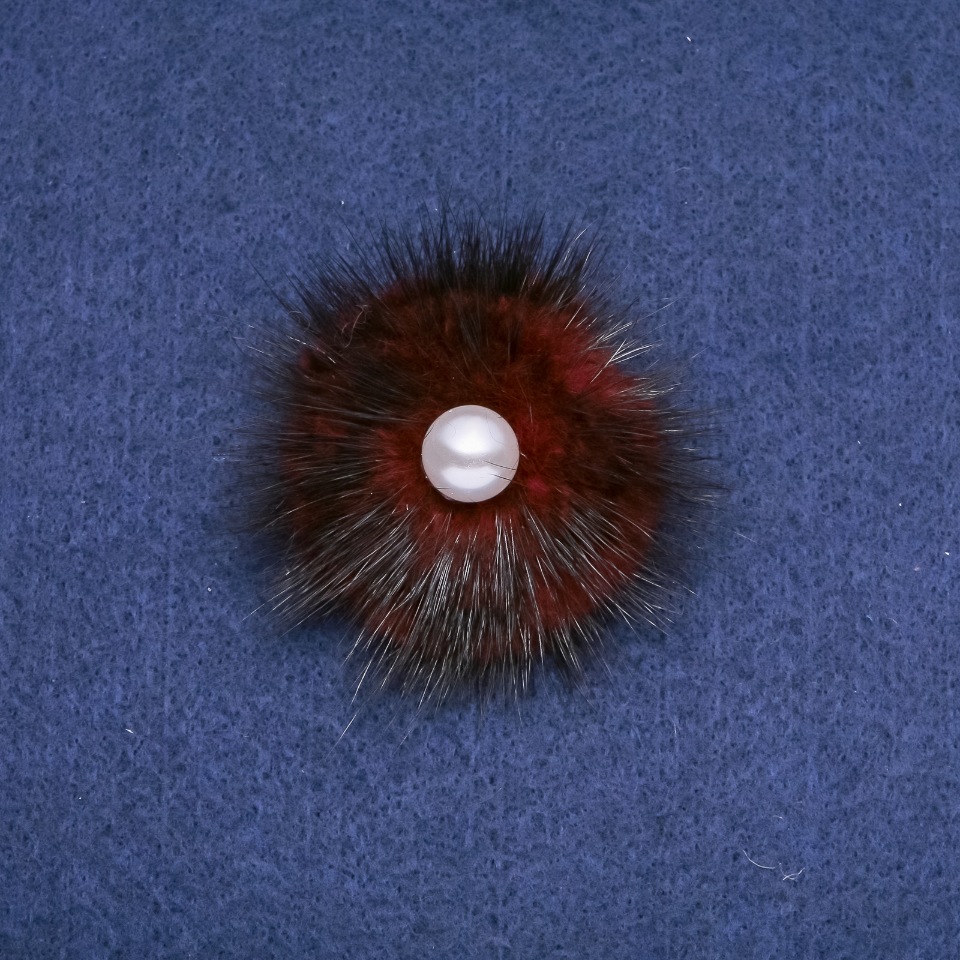 Burgundy mink fur brooch with pearl bead, 50 mm diameter