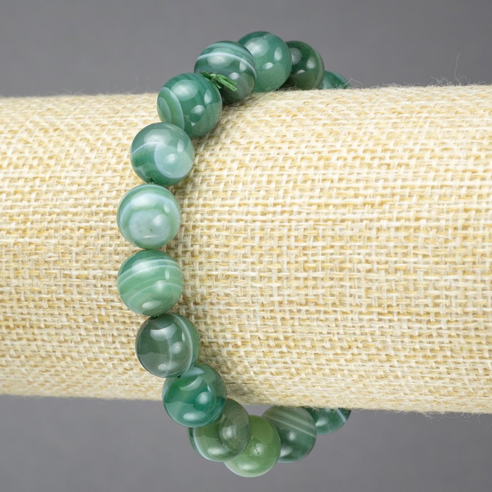 Elastic bracelet with natural green eye agate, smooth beads, 10 mm diameter+