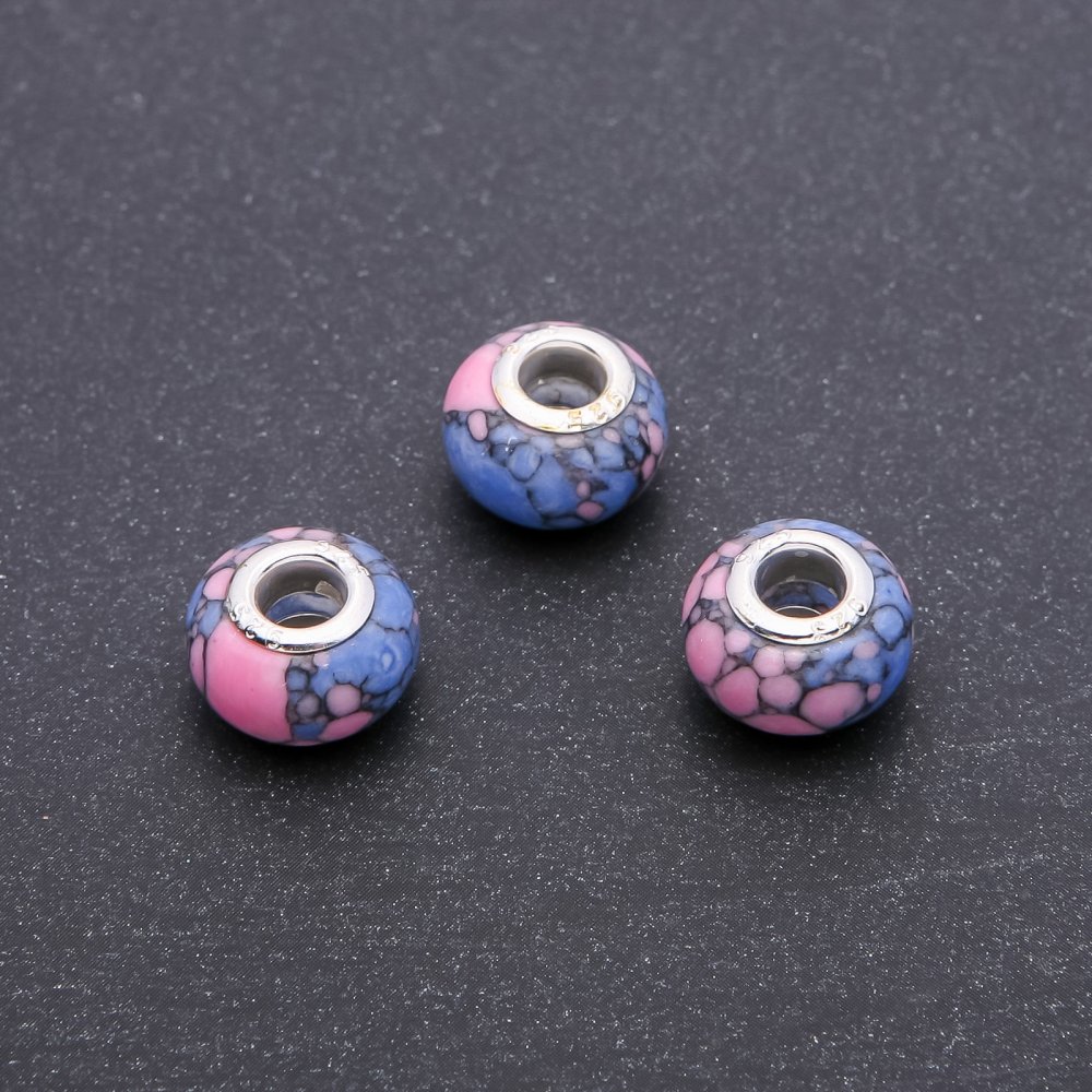 Pandora Bead 'Marble' Pink-Blue, 14×9 mm diameter, 5 mm hole, pack of 4