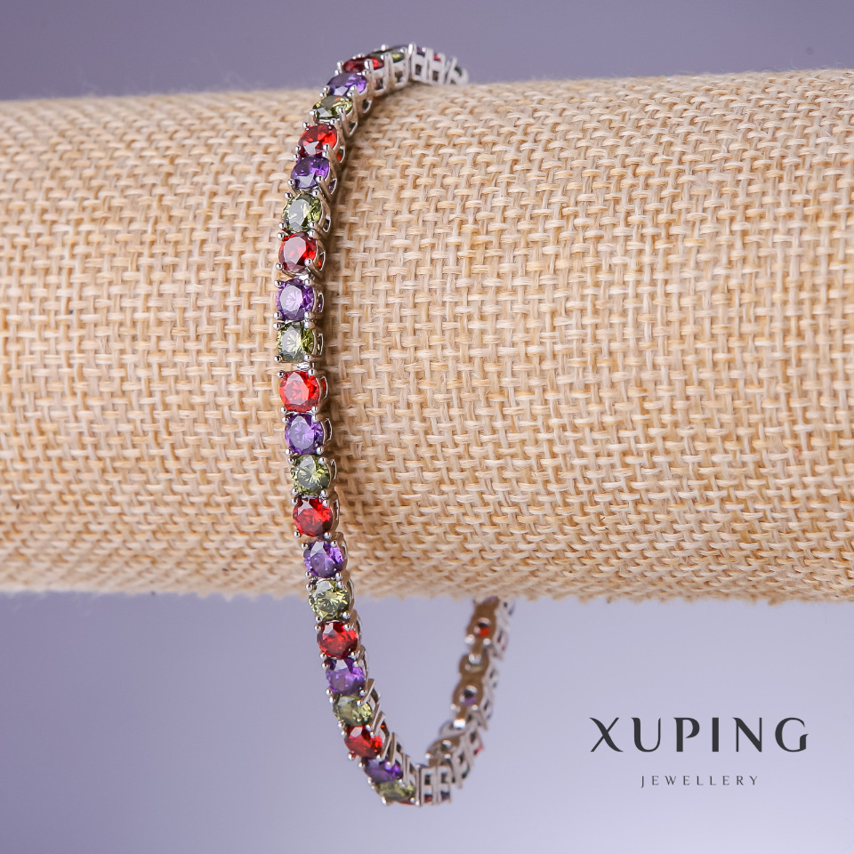 Xuping Bracelet with Multicolored Cubic Zirconia, 4 mm Thick, 18–20 cm Length, Rhodium 18K