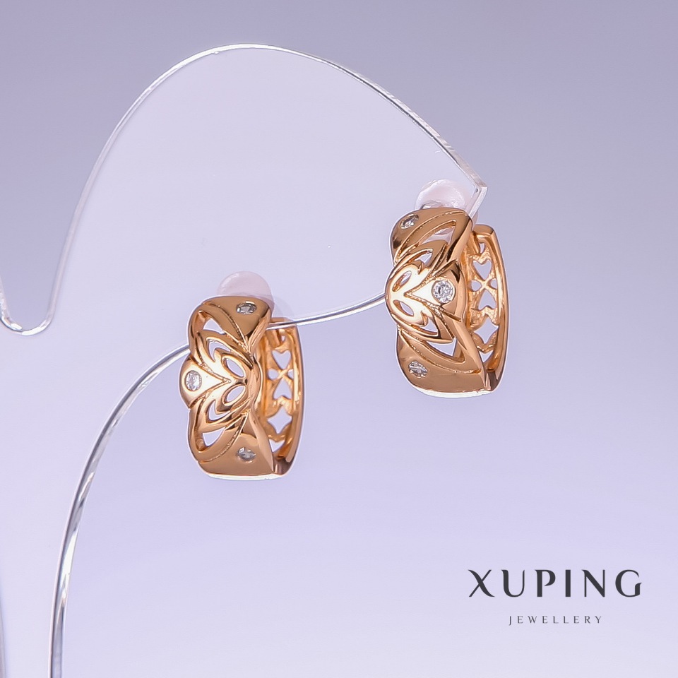 Xuping Earrings with White Crystals, 16mm Length, 7mm Thickness, 18K Gold Plating