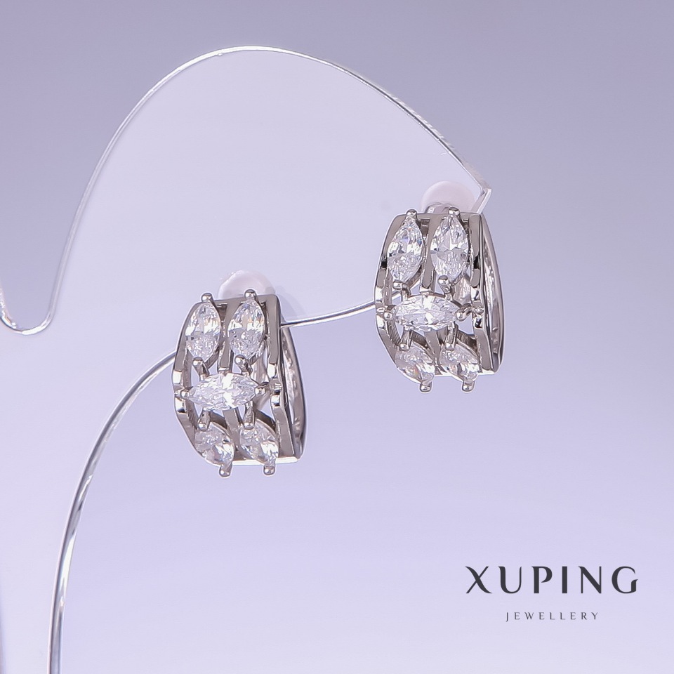 Xuping Earrings with White Zircons, 15mm length, 10mm thickness, Rhodium-Plated