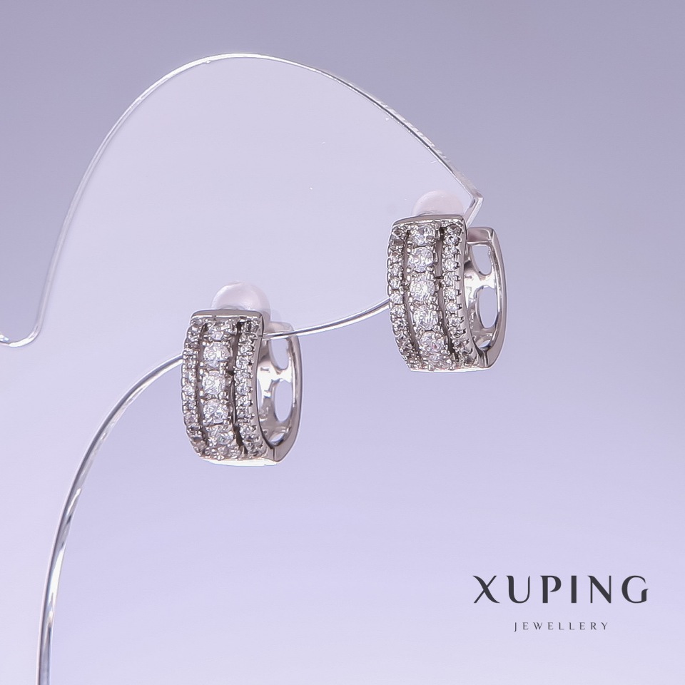 Xuping Earrings with White Crystals, 14mm Long, 6mm Thick, Rhodium-Plated