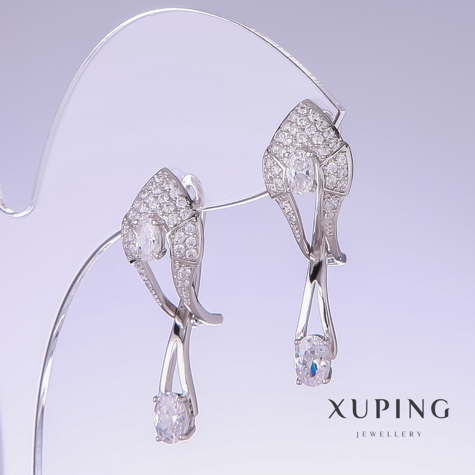 Xuping Earrings with White Zircons, 32 mm in length, 10 mm in thickness, Rhodium-Plated