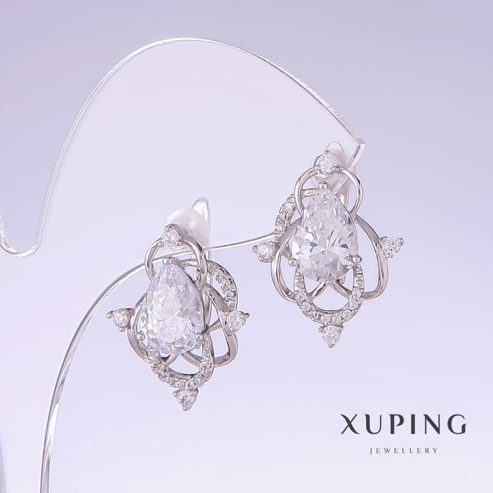 Xuping Earrings with White Cubic Zirconia, 22 mm long, 17 mm thick, rhodium-plated