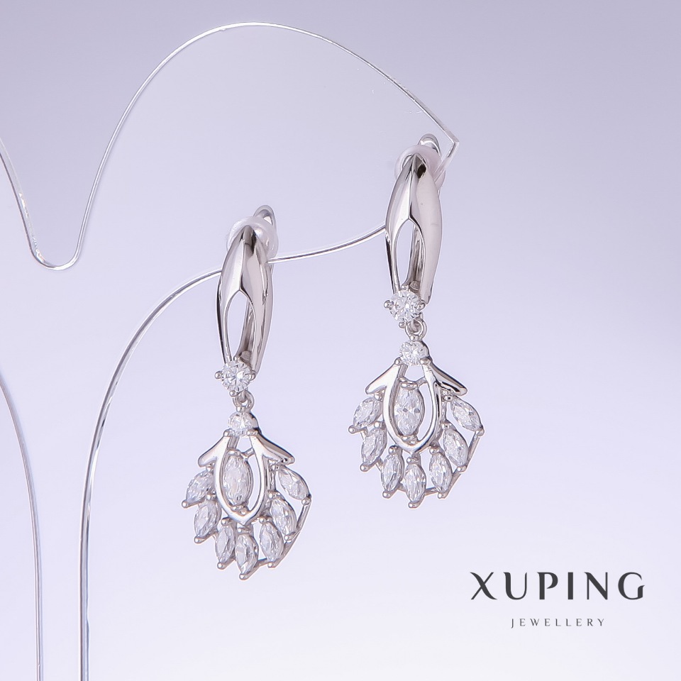 Xuping Earrings with White Cubic Zirconia, 35 mm length, 14 mm width, Rhodium-Plated