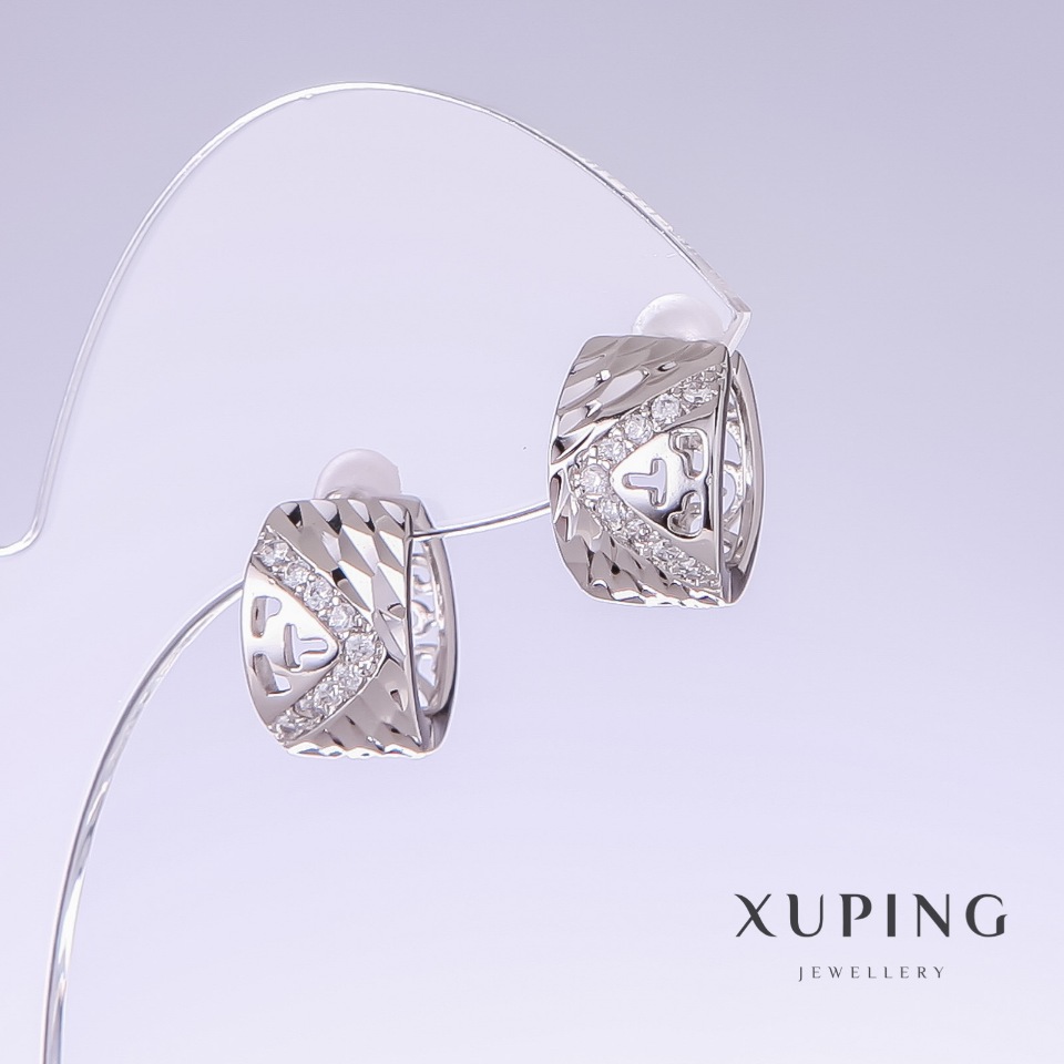 Xuping Earrings with White Pavé Stones, Rhodium Plating, 15 mm Length, 9 mm Thickness