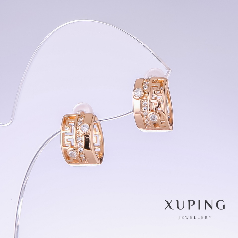 Xuping Earrings with White Crystals, 13 mm Long, 8 mm Thick, 18k Gold Plating