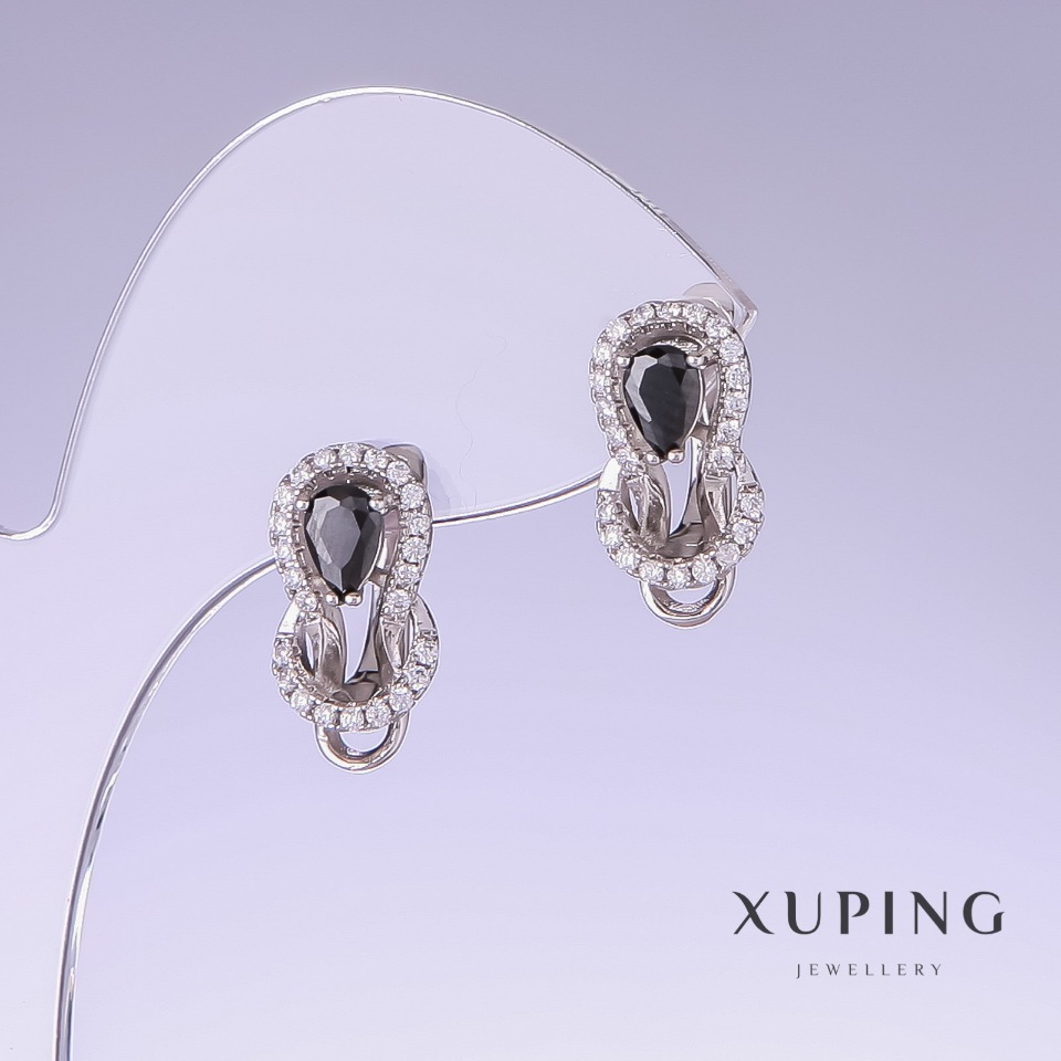 Xuping Earrings with Black Cubic Zirconia, 17 mm Long, 9 mm Thick, Rhodium-Plated