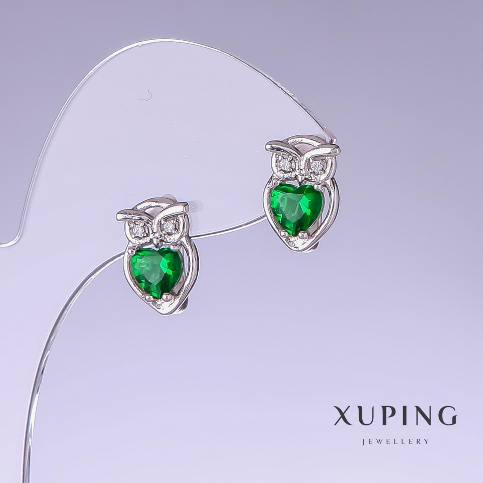 Xuping Owl Earrings with Green Cubic Zirconia, 13 mm long, 9 mm thick, rhodium-plated