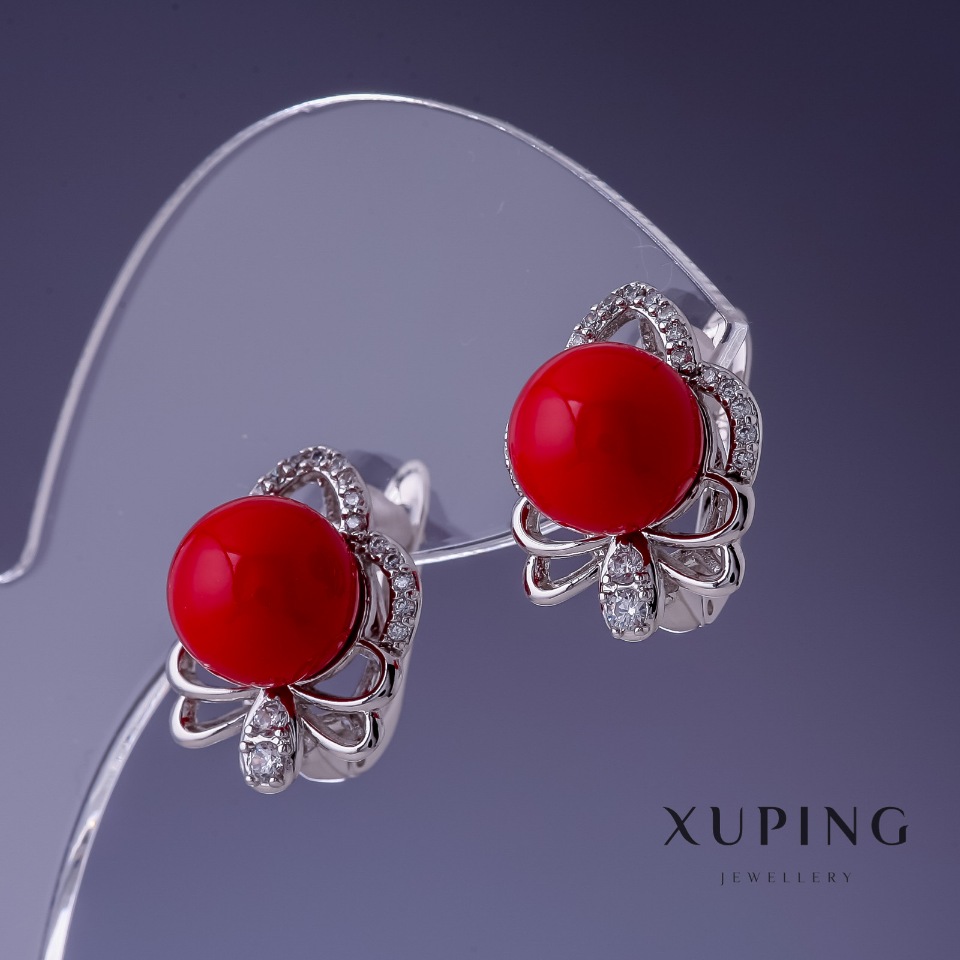 Xuping Earrings with Red Mallorca Pearls 17x13 mm Rhodium
