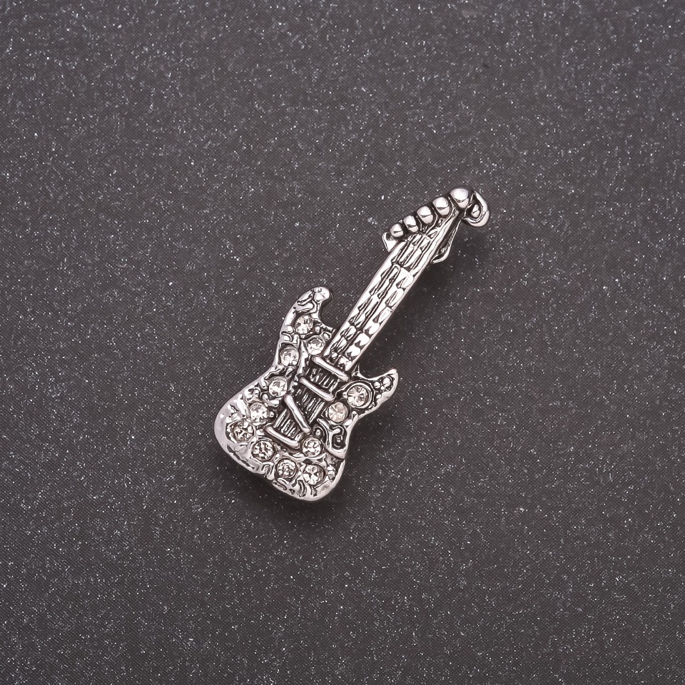 Brooch Mini Guitar with Crystals Gray Metal 28×10mm