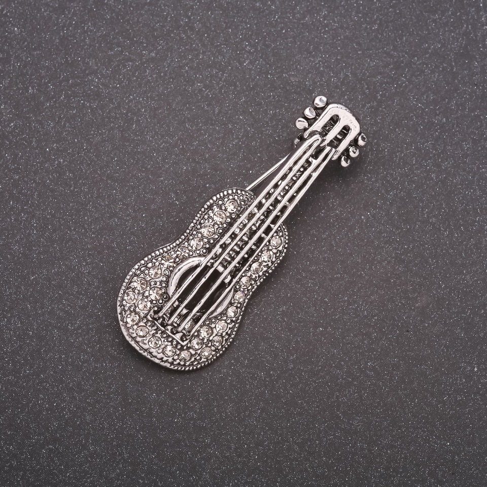 Guitar Brooch in Rhinestones Gray Metal 50x19mm