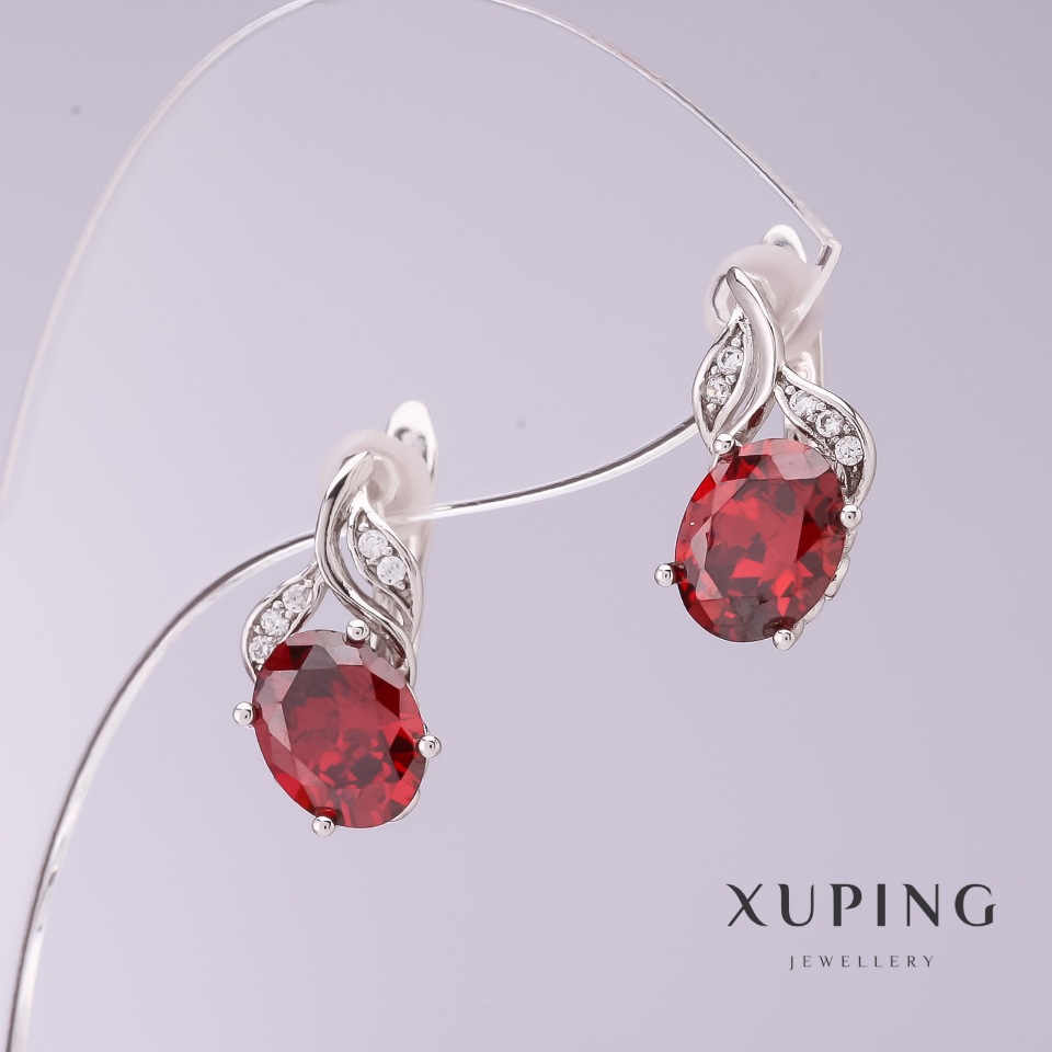 Xuping Earrings with Red Cubic Zirconia, 8 mm Diameter, 16 mm Length, Rhodium-Plated