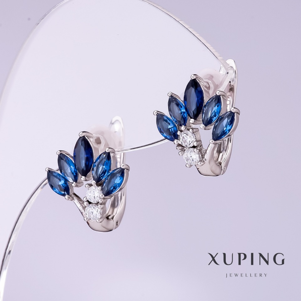 Xuping earrings with blue cubic zirconia 'Fan', 12 mm Diameter, 15 mm Length, Rhodium-Plated