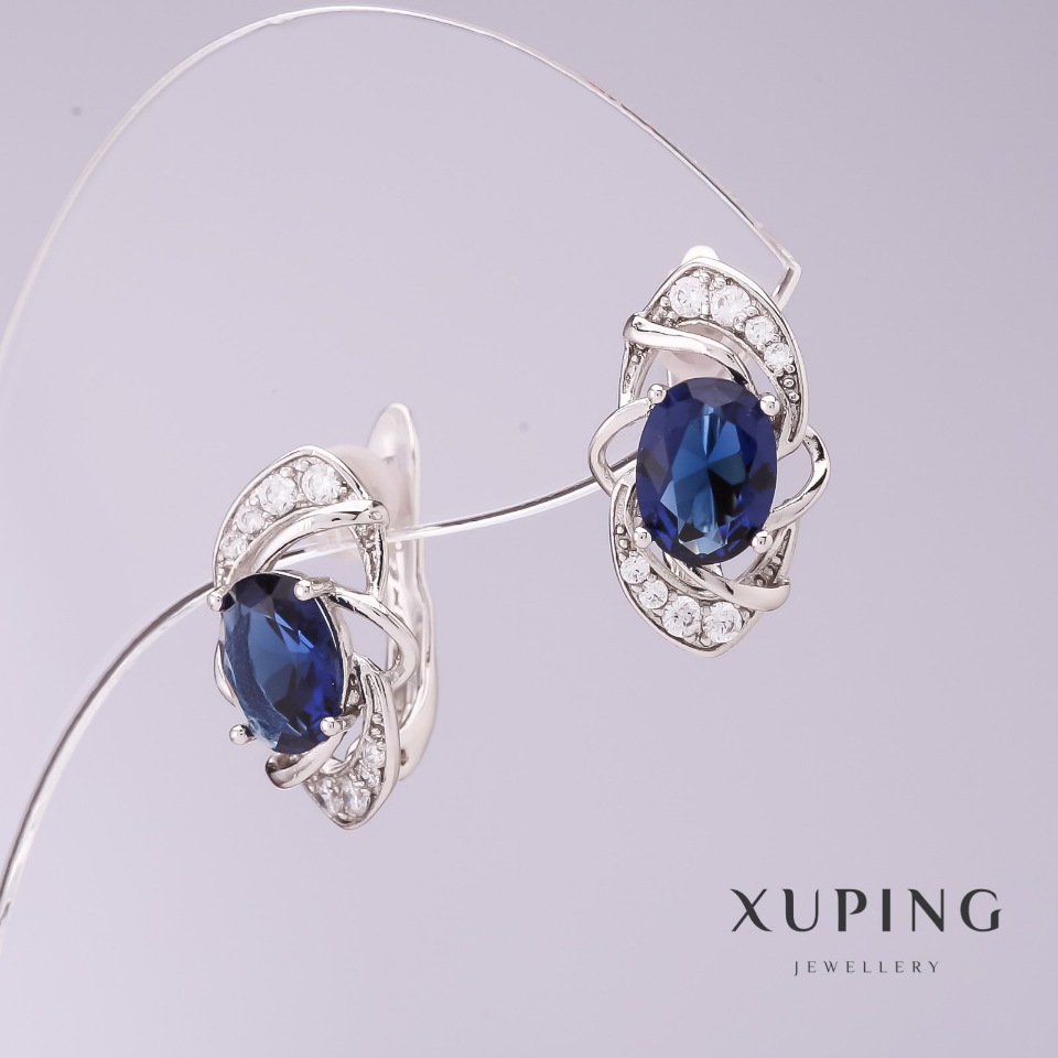 Xuping Earrings with Blue Cubic Zirconia, 9 mm Diameter, 16 mm Length, Rhodium-Plated