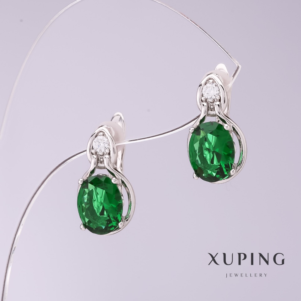 Xuping Earrings with Green Zircons, 8 mm Diameter, 16 mm Length, Rhodium-Plated