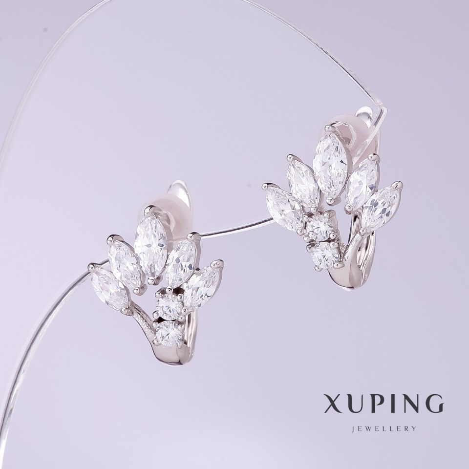 Xuping Earrings with White Zircons - Fan Shape, 12mm Diameter, 15mm Length, Rhodium-plated