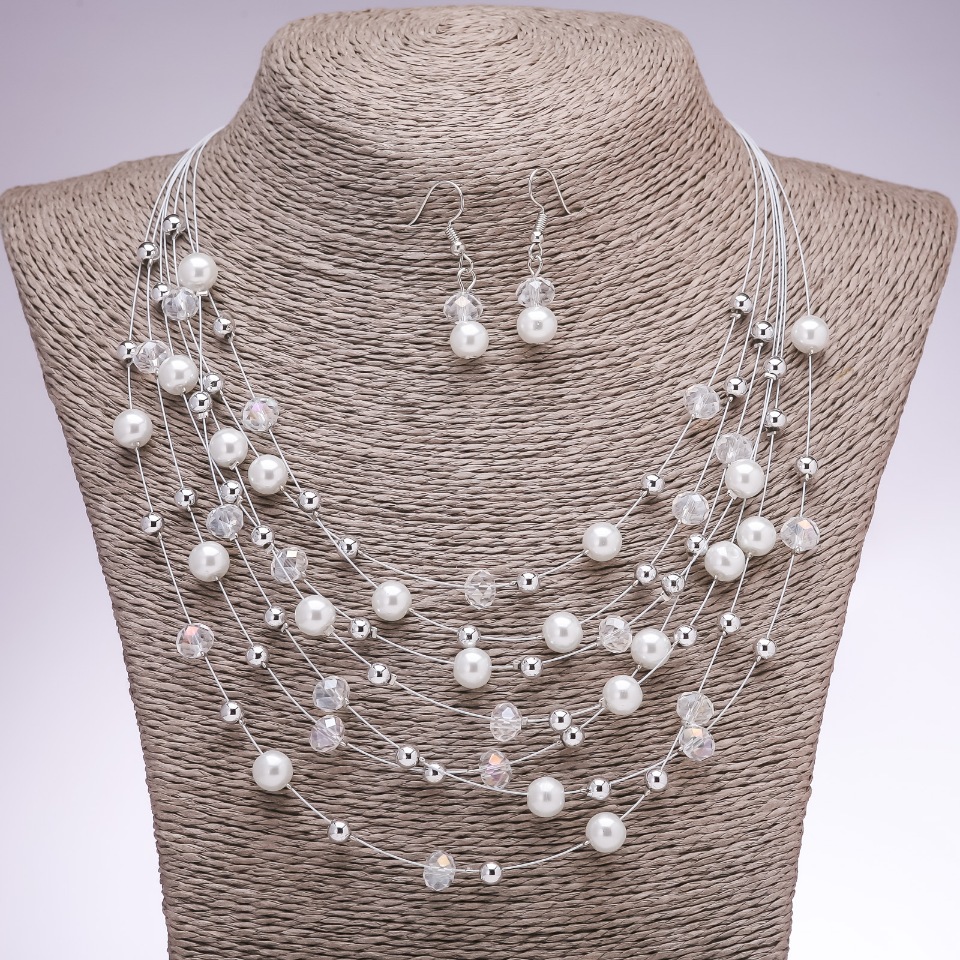 Earrings and Necklace Set 'On the Strings of the Soul' White Beads, 5-8 mm Diameter, 45-50 cm Long