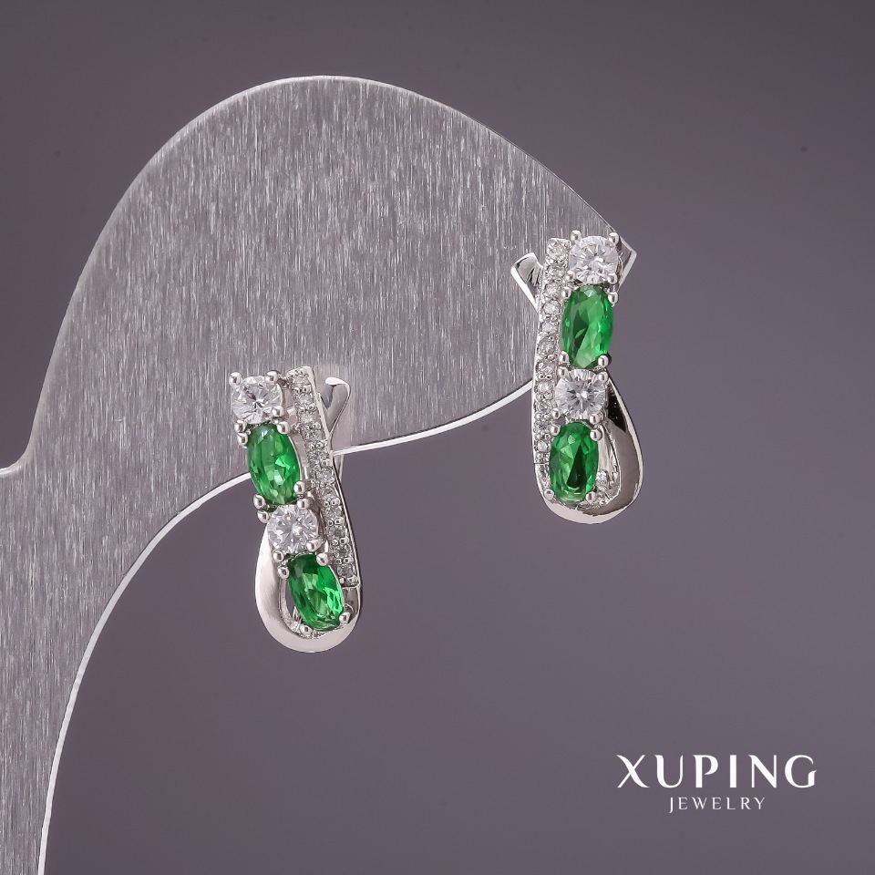 Xuping Earrings with Green Stones 16x7mm, Rhodium-Plated