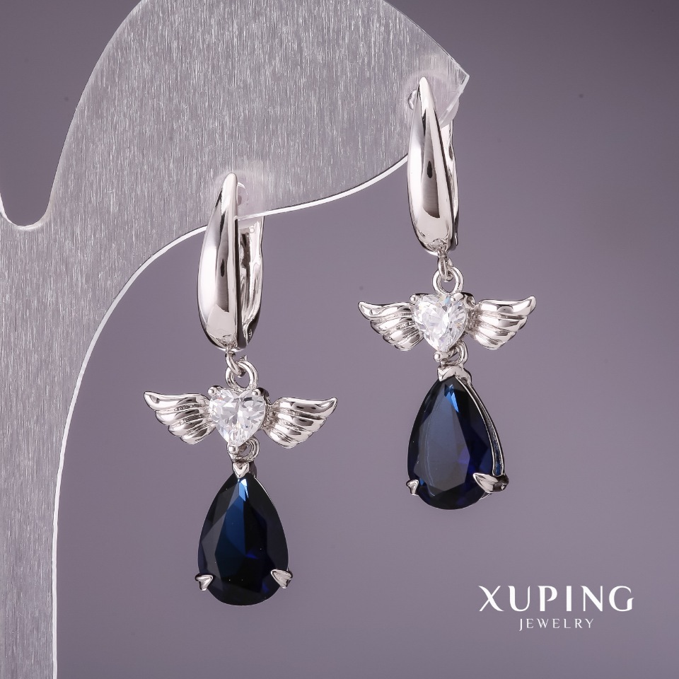 Earrings Xuping with Blue Stones 35x17mm Rhodium