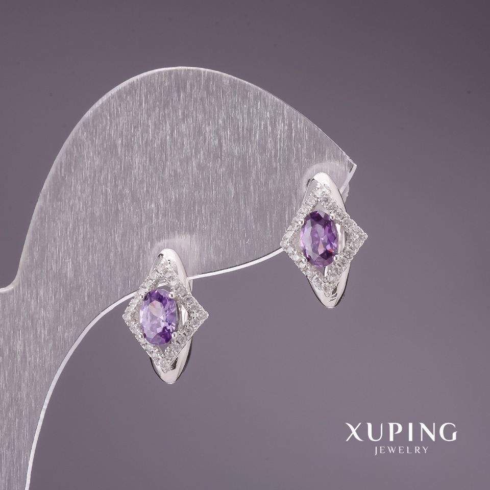 Xuping Earrings with Lilac Stones, 15x10 mm, Rhodium