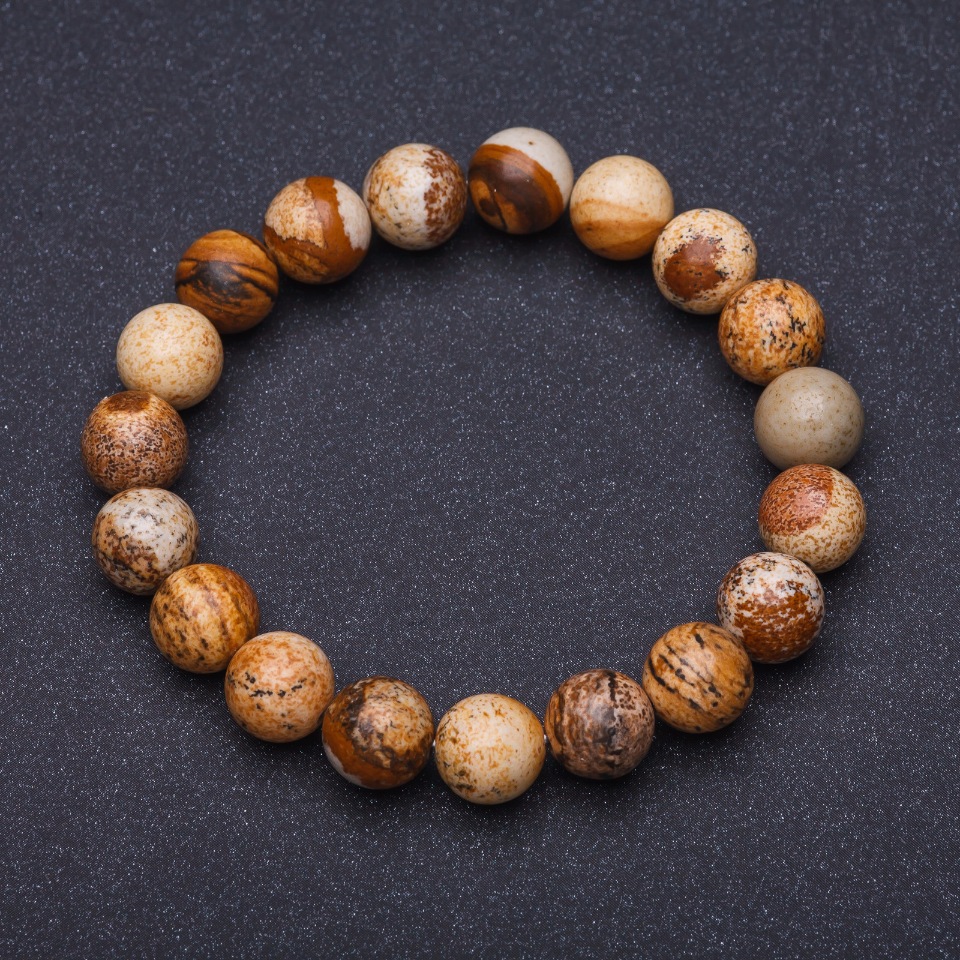 Elastic bracelet with landscape jasper, smooth bead, 8mm+