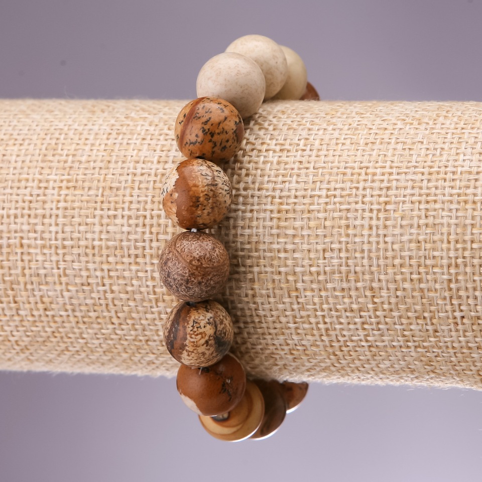 Landscape Jasper Bracelet, Smooth Bead, 12mm Diameter, 18cm Length on Elastic