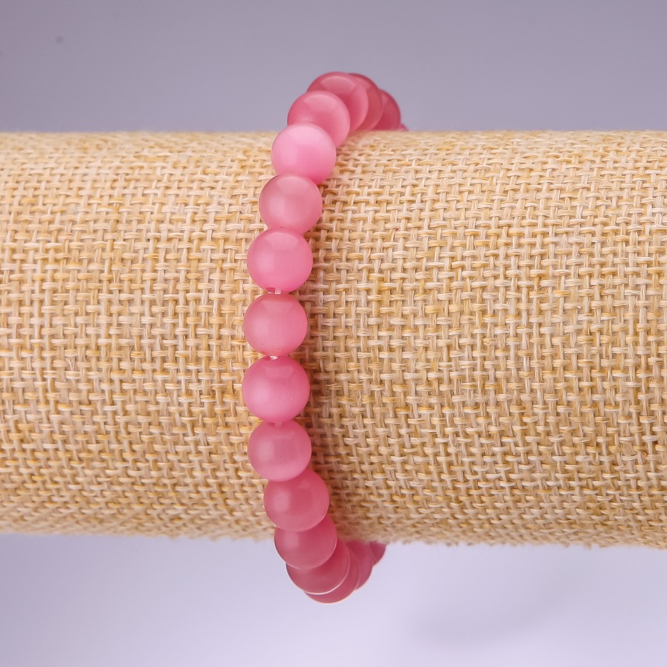 Pink Cat's Eye Bracelet, smooth beads, 8 mm diameter, 18 cm length on elastic