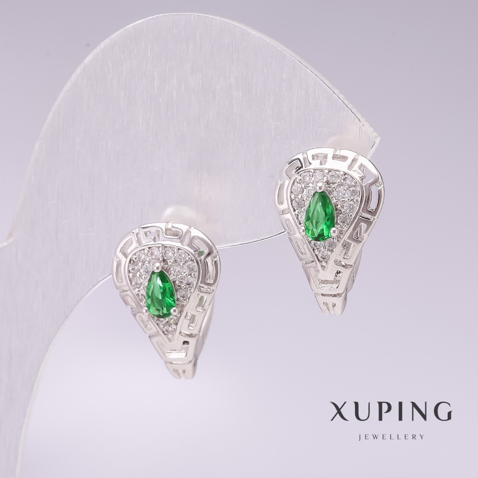 Earrings Xuping rhodium-plated with green stones and white rhinestones 11x17mm