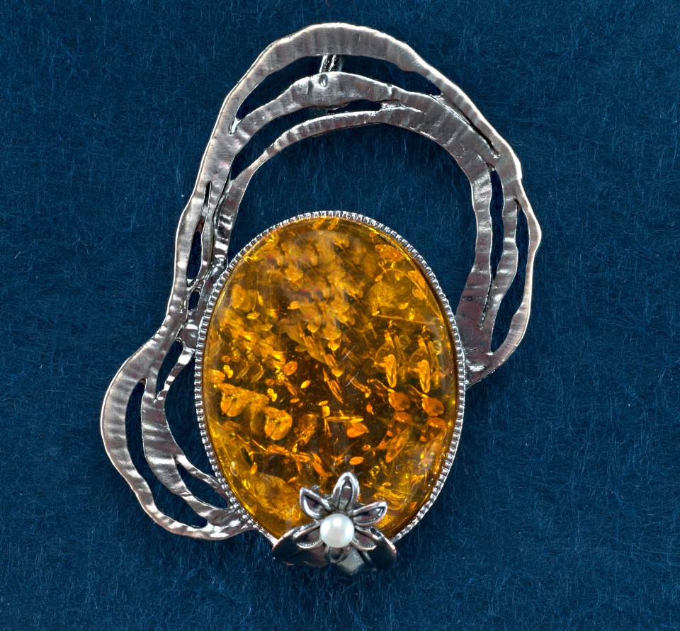 Forged Brooch with Amber Cabochon (Synthetic), Gray Metal, 61x45 mm