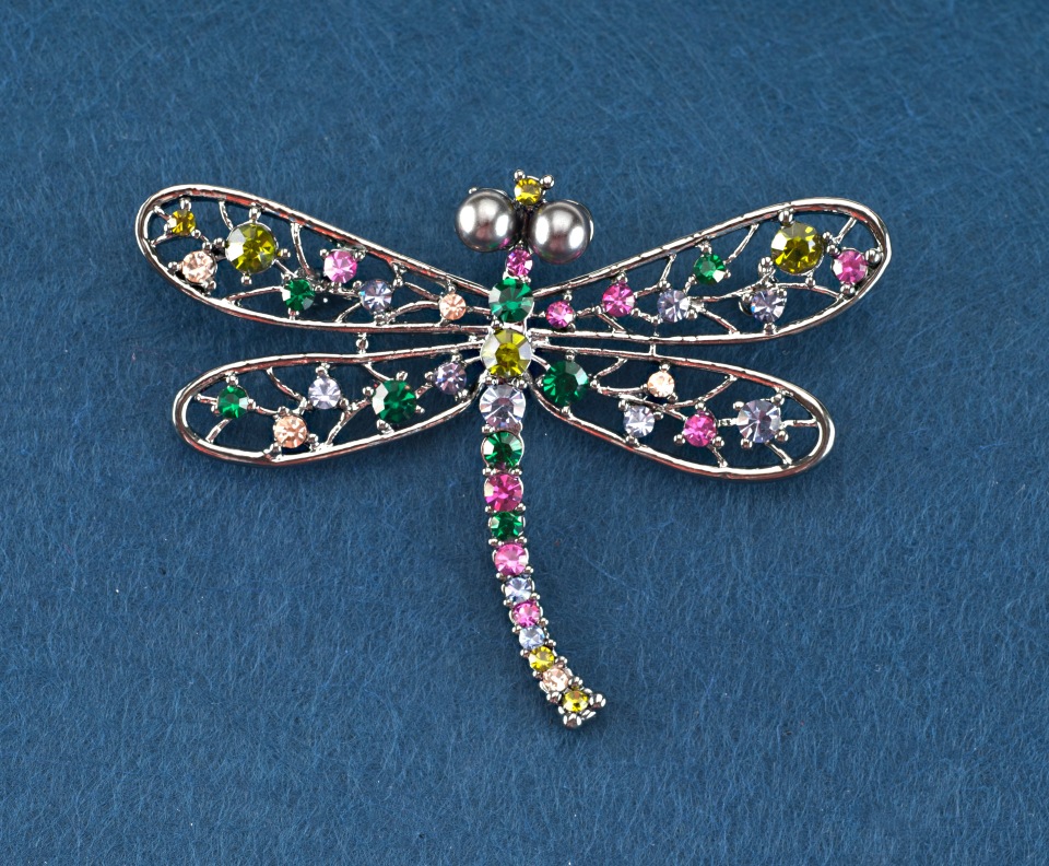 Dragonfly Brooch with Multicolored Rhinestones, Gray Metal, 70×52 mm
