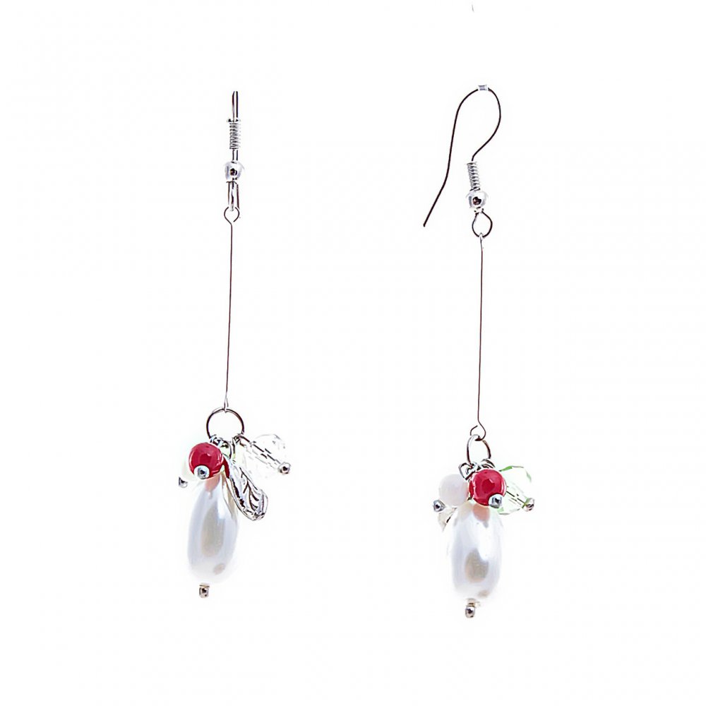 Drop Earrings with White and Red Beads Inspired by 'Pearls' and 'Coral' 65mm