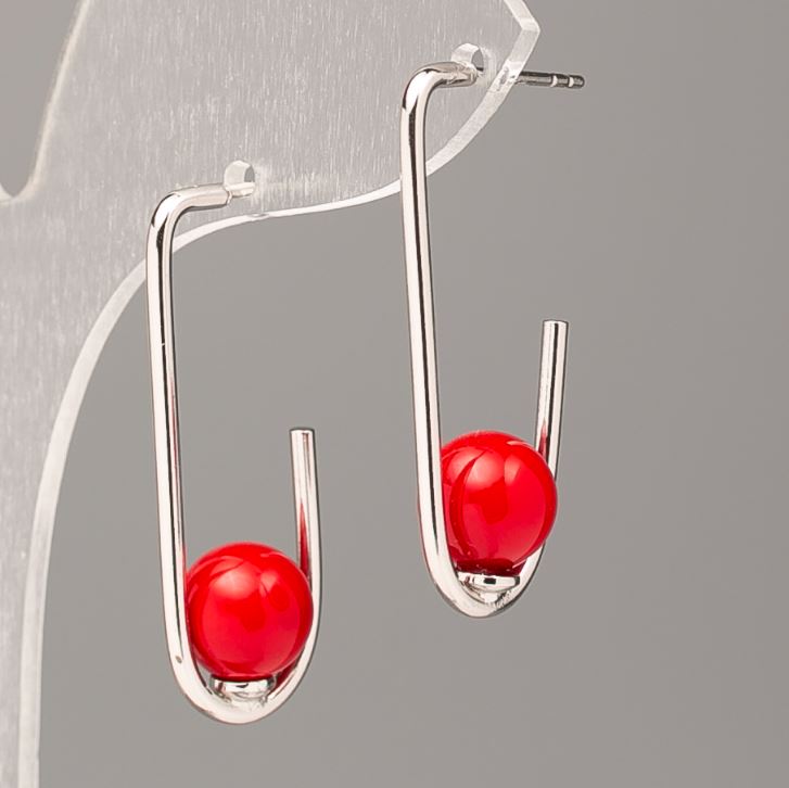Xuping Earrings with Red Majorca Bead, 34x8 mm, Rhodium-Plated