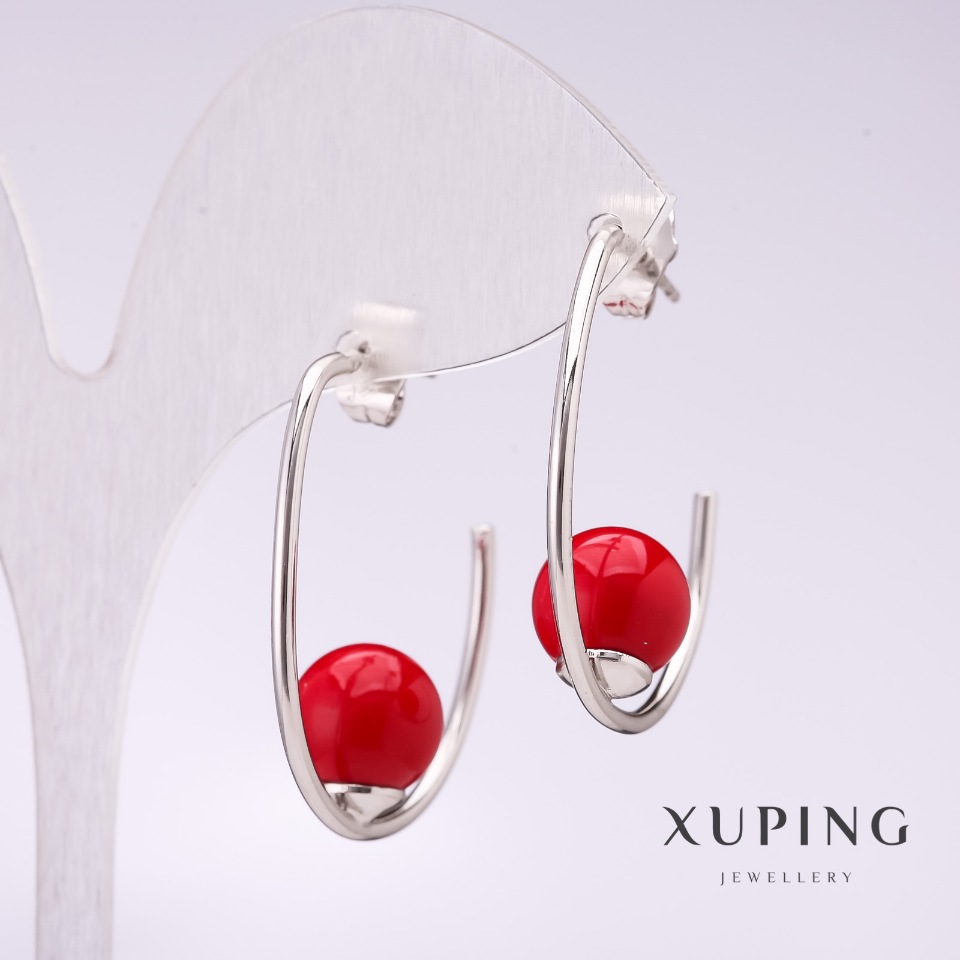 Xuping Hoop Earrings with Red Mallorca Pearl, Rhodium-Plated