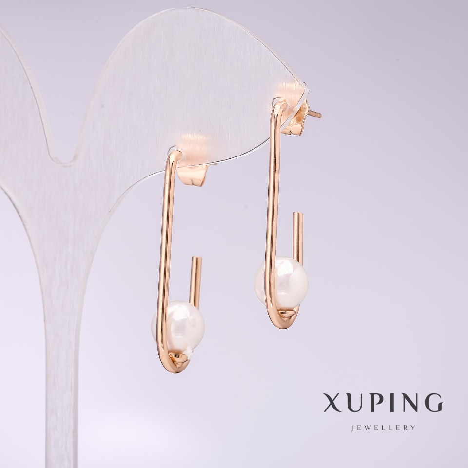 Xuping Earrings with White Mallorca Pearls, 34x8mm, 18K Gold Plated