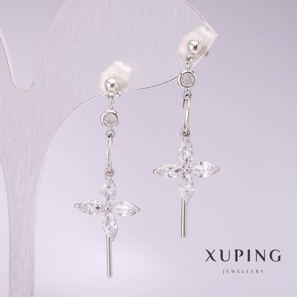 Xuping Earrings 'Flowers with White Stones' 40x13mm Rhodium-Plated