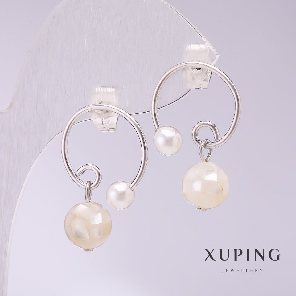 Xuping Hoop Earrings with Mother-of-Pearl Beads, 17x23 mm, Rhodium