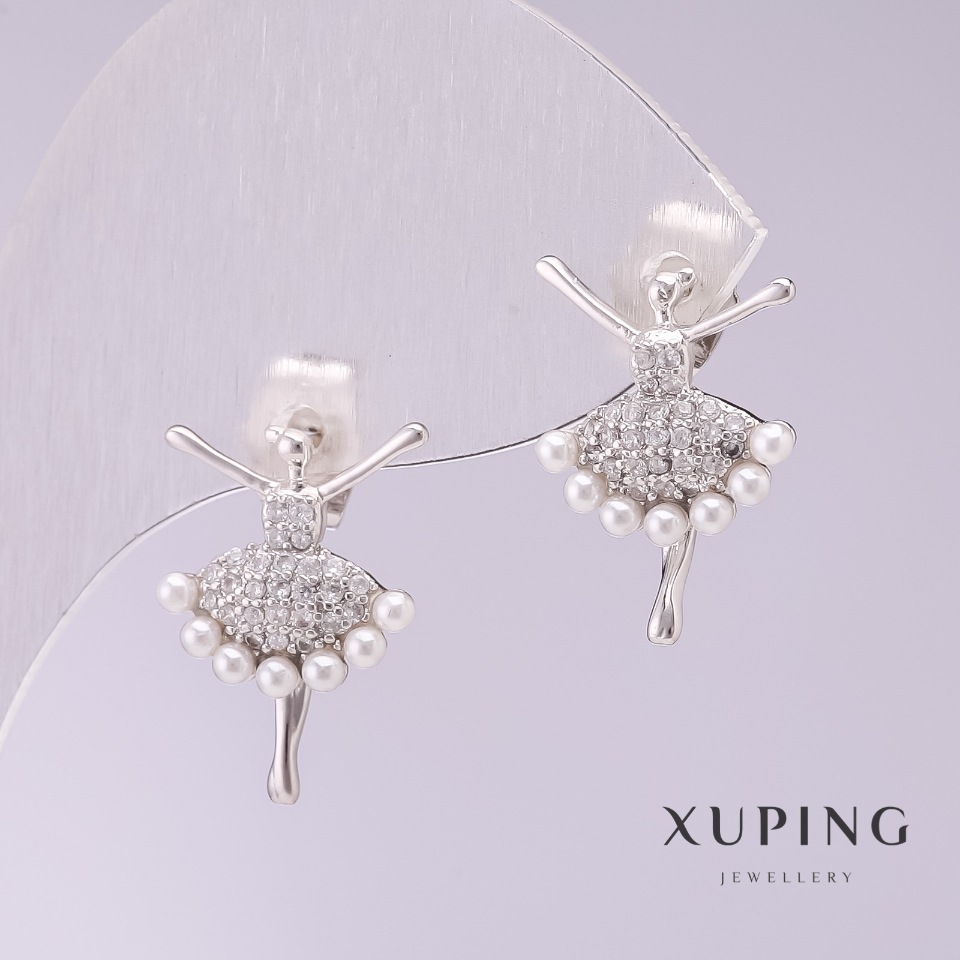 Earrings Xuping Ballerina with White Majorca Pearls 18×12 mm Rhodium-Plated