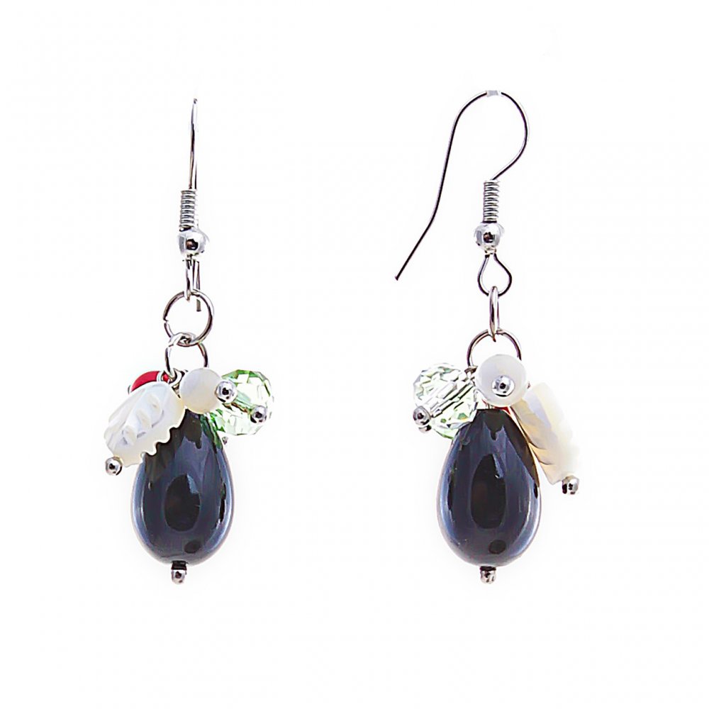 Elegant drop earrings with pendants, quartz, crystal, coral, and agate (pressed), silver-toned metal, 40 mm