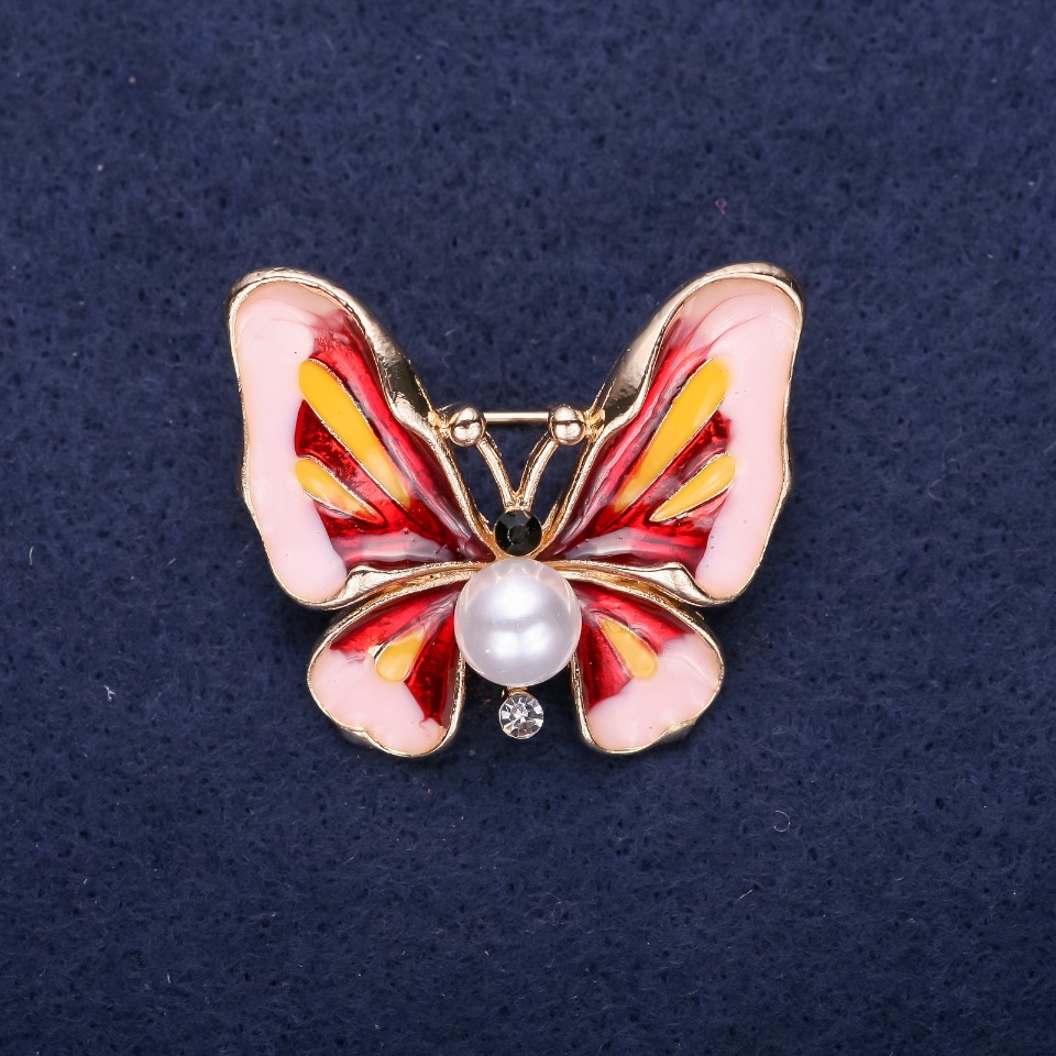 Butterfly Brooch with Pearl Bead, Pink and Red Enamel, 30x35mm, Yellow Metal