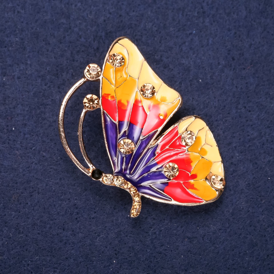 Butterfly Brooch with Yellow Crystals and Enamel in Yellow, Red, and Purple, 45×32 mm, Yellow Metal