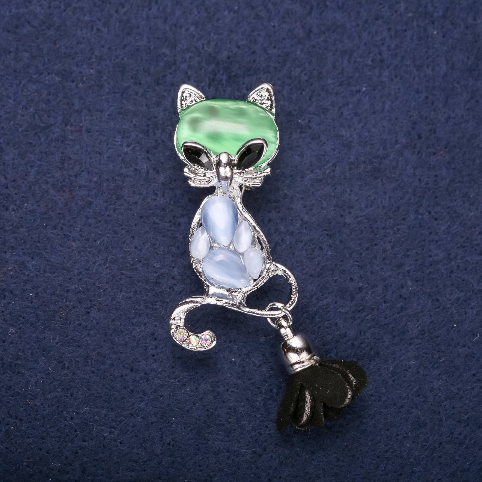 Cat Brooch with Blue Cat's Eye Stone, 58x17 mm, Silver-Tone Metal with Brush Finish